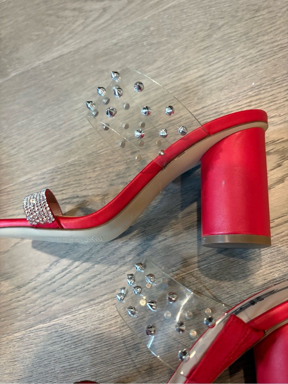 Call It Spring Red Rhinestone Block Heel Mules with Clear Studded Strap - Picture 7 of 15